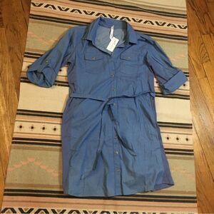 NY Collection Large Lightweight blue denim color button up shirt dress new